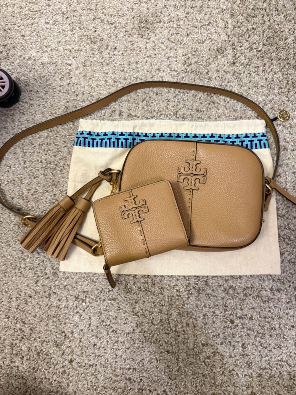 Tory Burch Camel/Tan Pebbled Leather Crossbody Camera Bag with Tassel Wallet
